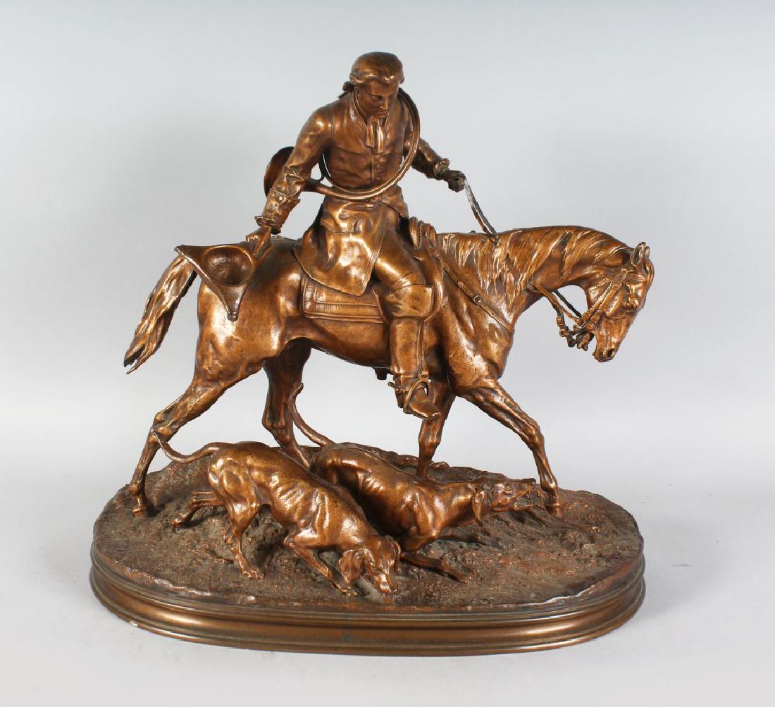 PIERRE JULES MENE (1810-1879) FRENCH A SUPERB RARE: PIERRE JULES MENE (1810-1879) FRENCH A SUPERB RARE BRONZE GROUP OF LOUIS XV OUT HUNTING WITH HIS DOGS, he rides on his horse, carrying a hunting horn and hat, two dogs at his side. Signed. 16.5ins hig