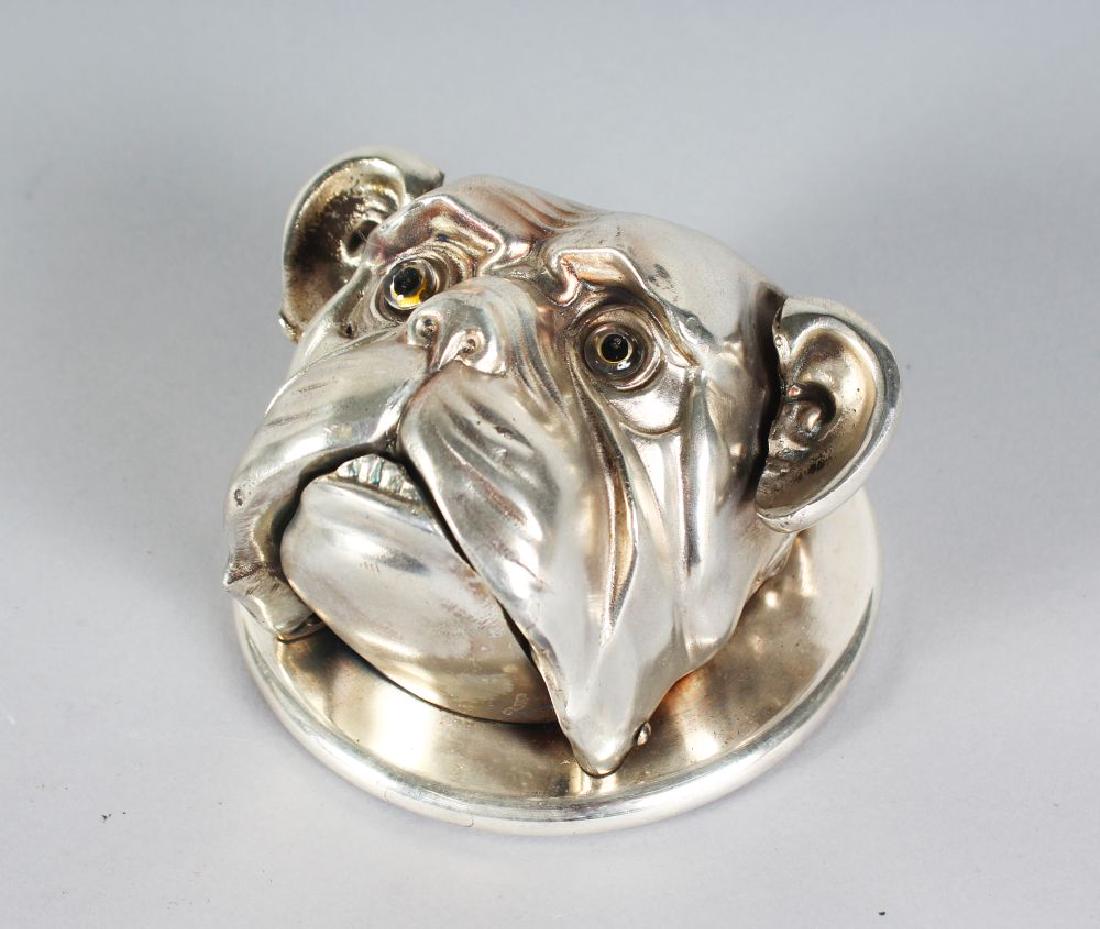 A SILVER PLATED BULLDOG DESK BELL. (1 of 1)