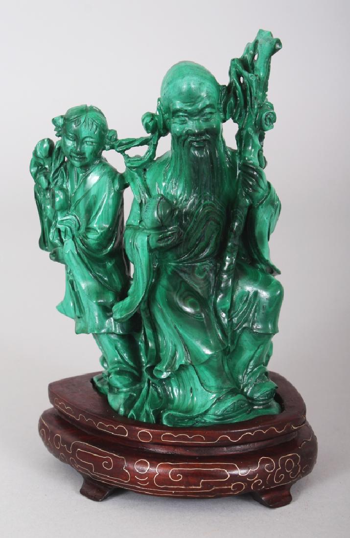 A CHINESE MALACHITE CARVING OF SHOU LAO, together with (1 of 6)