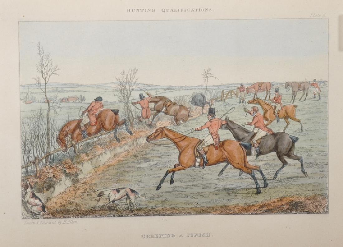 Henry Thomas Alken (1785-1851) British. "The: Henry Thomas Alken (1785-1851) British. "The Appointment- Hunting Qualifications", Lithograph in Colours, Overall 10" x 13", and five others all by the same hand "Getting Away", "A Slap at a Park Fenc