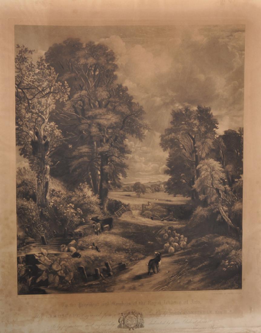 David Lucas (1802-1881) British after John Constable: David Lucas (1802-1881) British after John Constable (1776-1837) British. "The Watering Hole", Mezzotint, Unframed, 22.5" x 19.5", and a companion piece, "The Valley of Dedham", Unframed, 23" x 19.5".