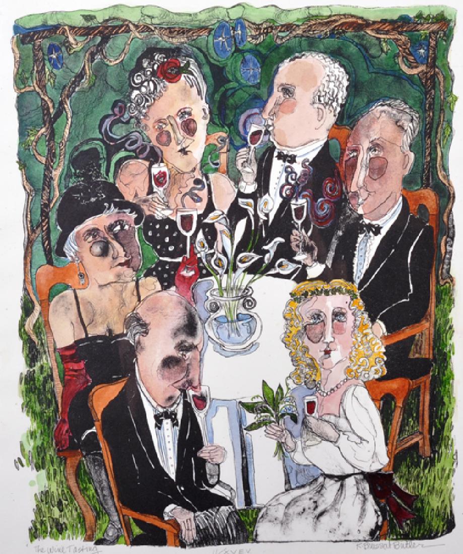 Karen Brussat Butler (20th Century) American. 'The Wine: Karen Brussat Butler (20th Century) American. 'The Wine Tasting', with Figures around a Table, Lithograph, Signed, Inscribed and Numbered 'II/XV E.V.' in Pencil, Overall 17.5" x 14".