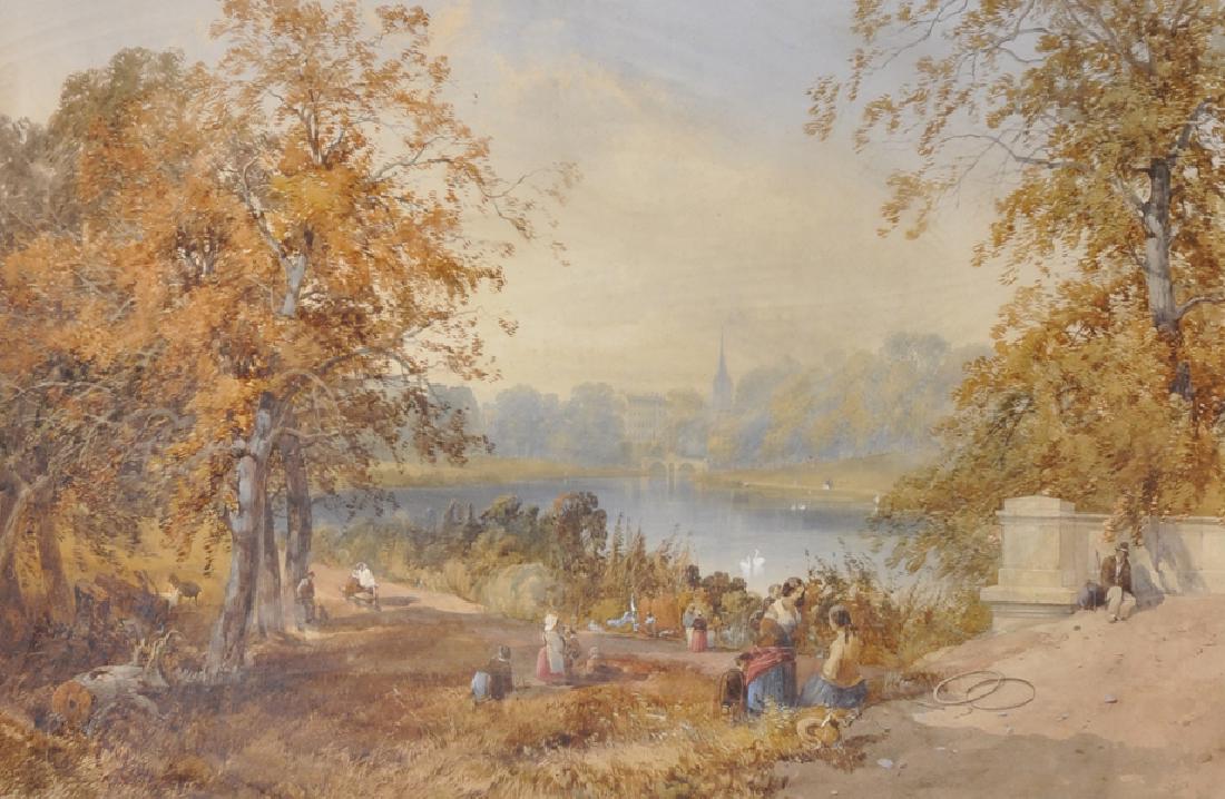 James Burrell Smith (1822-1897) British. Figures around: James Burrell Smith (1822-1897) British. Figures around a Lake with a City in the Distance, Watercolour, Signed and Dated 1859, 15.5" x 26.5".