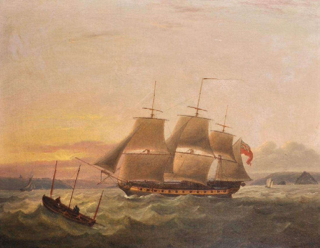 Thomas Luny (1759-1837) British. A Three Master in Full: Thomas Luny (1759-1837) British. A Three Master in Full Sail, Oil on Canvas, Signed on a Piece of Driftwood, 20.25" x 27.25".