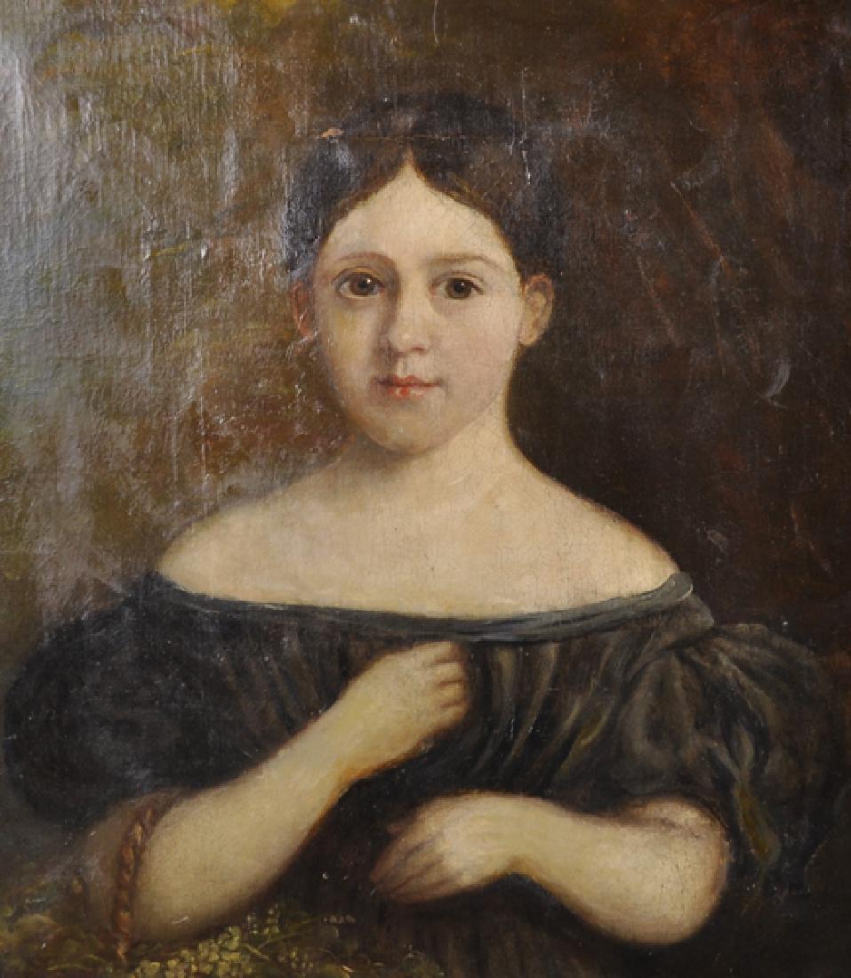 19th Century English School. Portrait of a Young Girl,: 19th Century English School. Portrait of a Young Girl, in a Blue Dress, Holding a Basket, Oil on Canvas, 21.25" x 18".