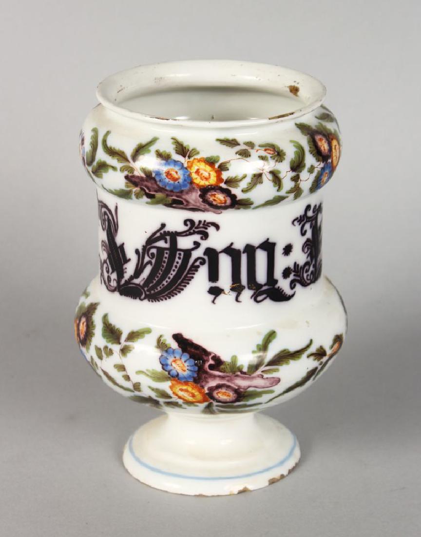 A CONTINENTAL TIN GLAZE DRUG JAR.  7.25ins high. (1 of 3)