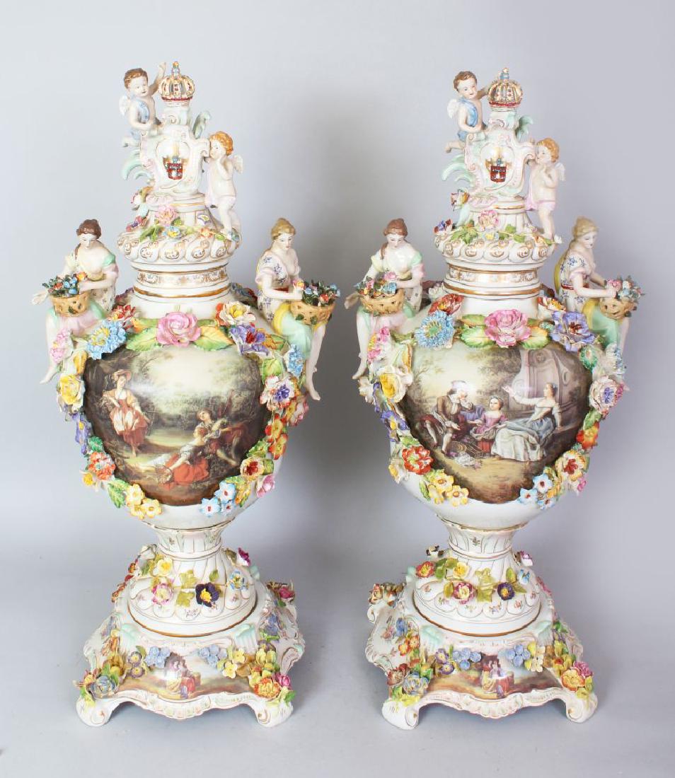 A GOOD LARGE PAIR OF MEISSEN STYLE URN SHAPED VASES, (1 of 1)