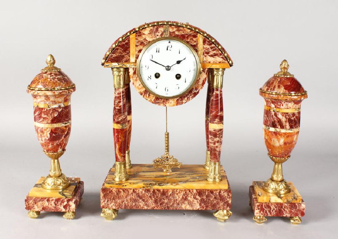 AN ART DECO COLOURED MARBLE THREE-PIECE CLOCK (1 of 4)