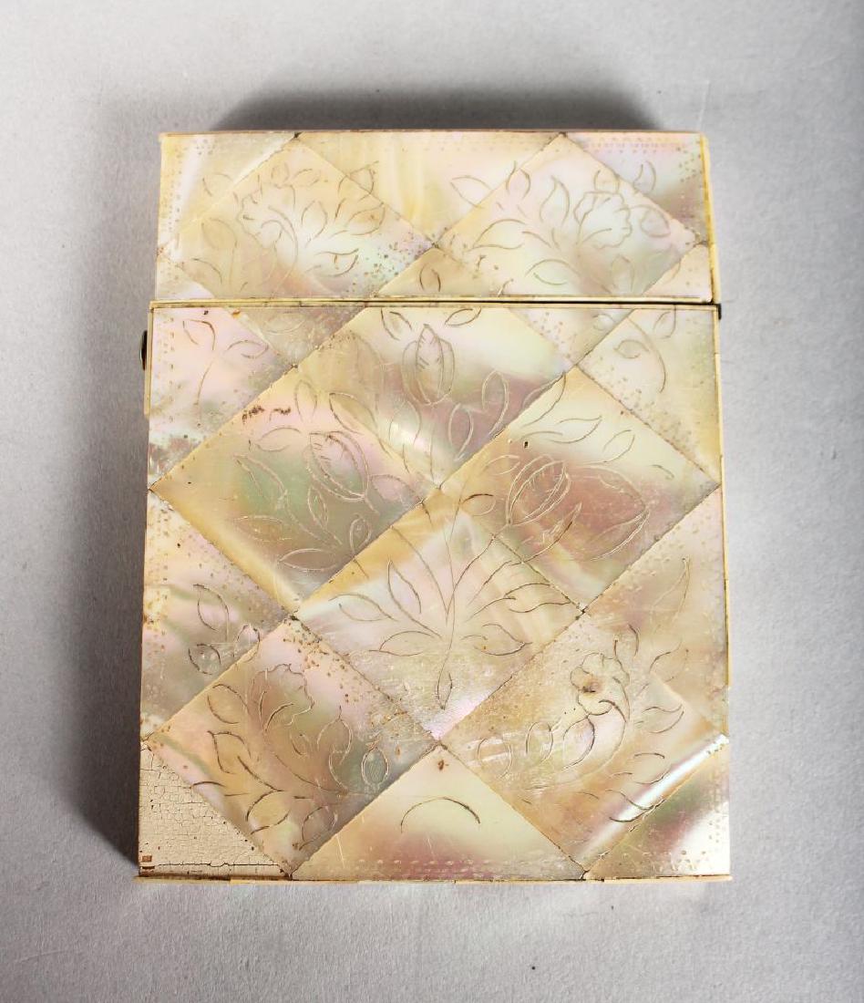 A 19TH CENTURY MOTHER-OF-PEARL CARD CASE.  4ins x 3ins. (1 of 1)