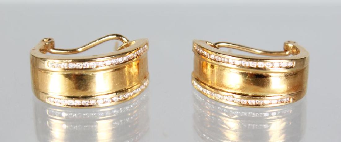 A PAIR OF 18CT GOLD AND DIAMOND EARRINGS. (1 of 1)