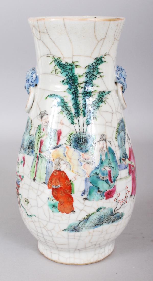 A CHINESE FAMILLE ROSE CRACKLEGLAZE PORCELAIN HU VASE,: A CHINESE FAMILLE ROSE CRACKLEGLAZE PORCELAIN HU VASE, circa 1900, the base with an incised Chenghua mark, 9.4in high.