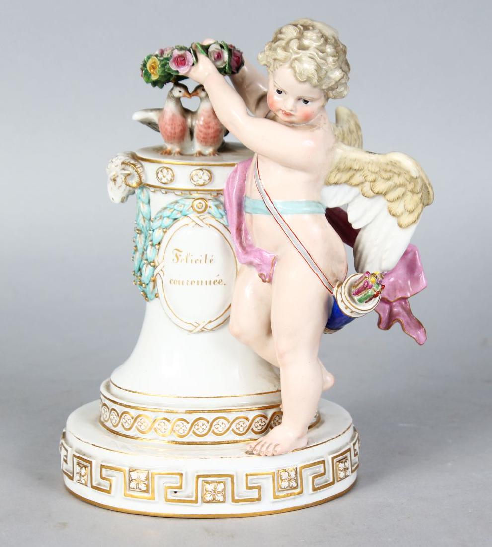 A GOOD MEISSEN GROUP, "Felicite Couronnee", a cupid: A GOOD MEISSEN GROUP, "Felicite Couronnee", a cupid standing beside a column, with two doves and a garland. Cross swords mark in blue. Incised E82. 7.75ins high.