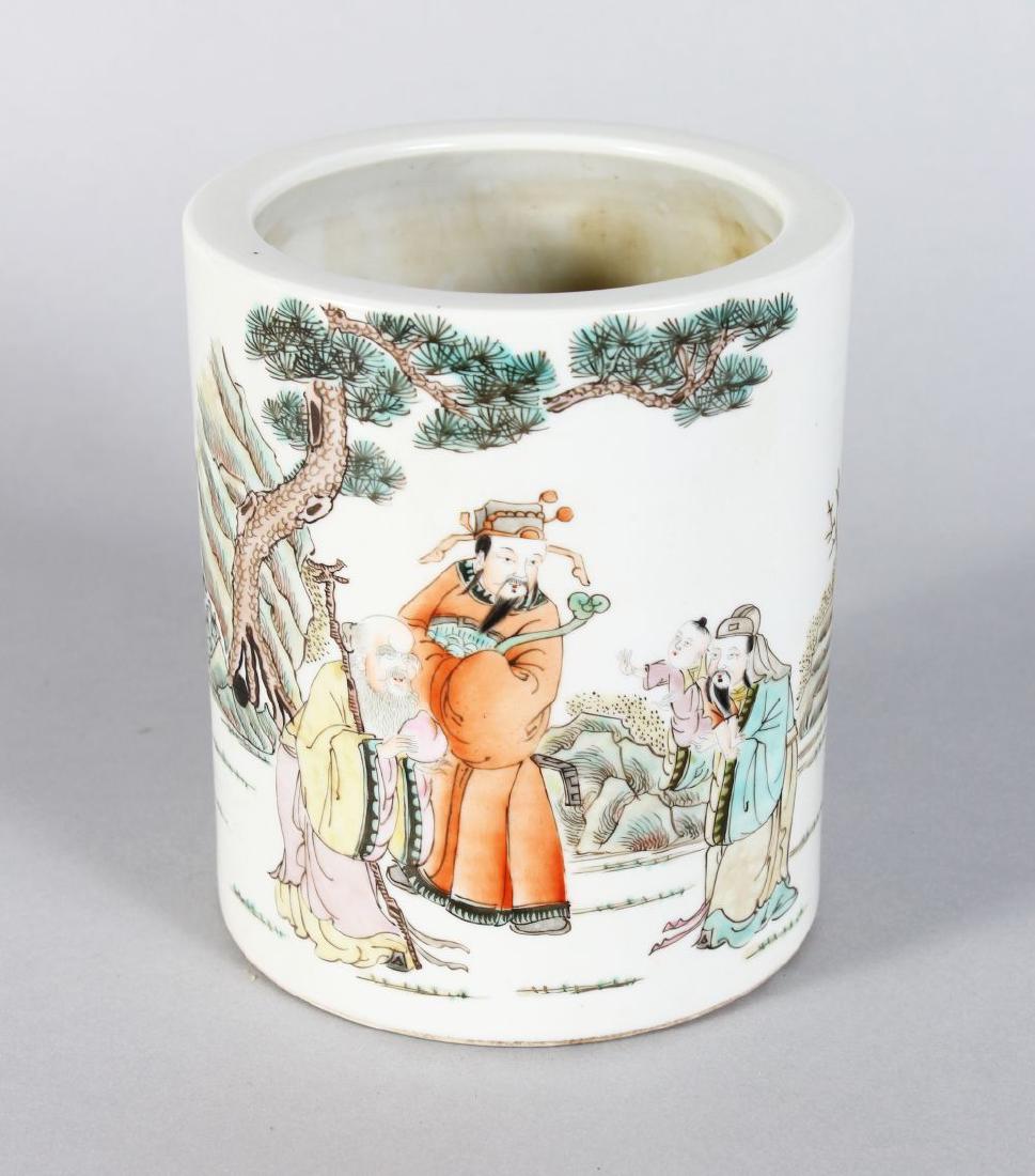 A CHINESE REPUBLICAN PORCELAIN BRUSH POT with figures: A CHINESE REPUBLICAN PORCELAIN BRUSH POT with figures and calligraphy. 6ins high
