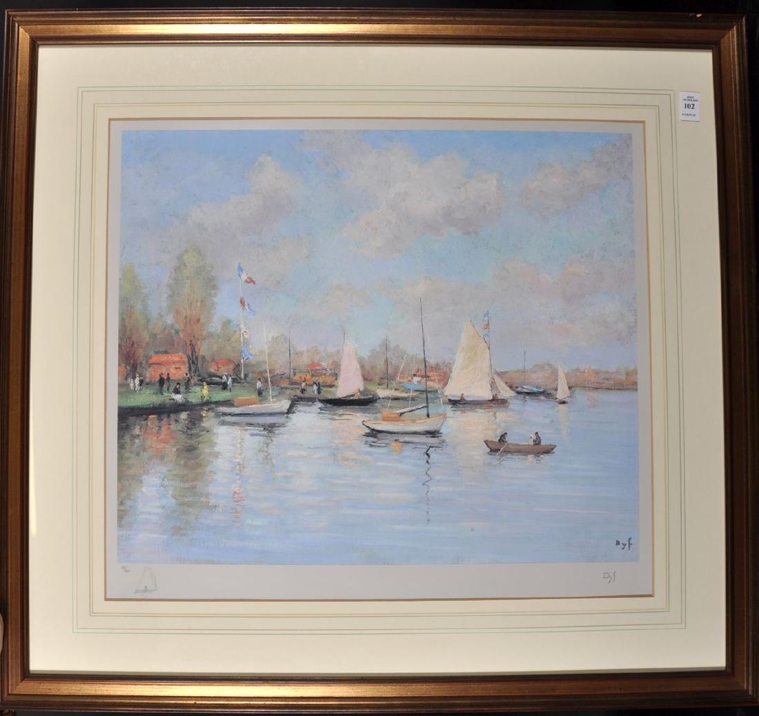 Marcel Dyf (1899-1985) French. "La Regate", Lithograph,: Marcel Dyf (1899-1985) French. "La Regate", Lithograph, Signed, Inscribed with a Sailing Boat Motif and Numbered 89/500 in Pencil, and Inscribed on a label on reverse. 18" x 22". Provenance: Frost and