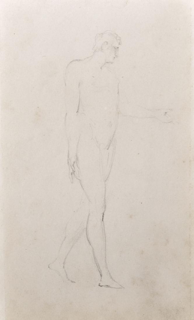 Attributed to William Blake (1757-1827) British. Study: Attributed to William Blake (1757-1827) British. Study of a Standing Male Nude, a Preliminary Head Study on reverse, Pencil, Unframed, 8.25" x 5".