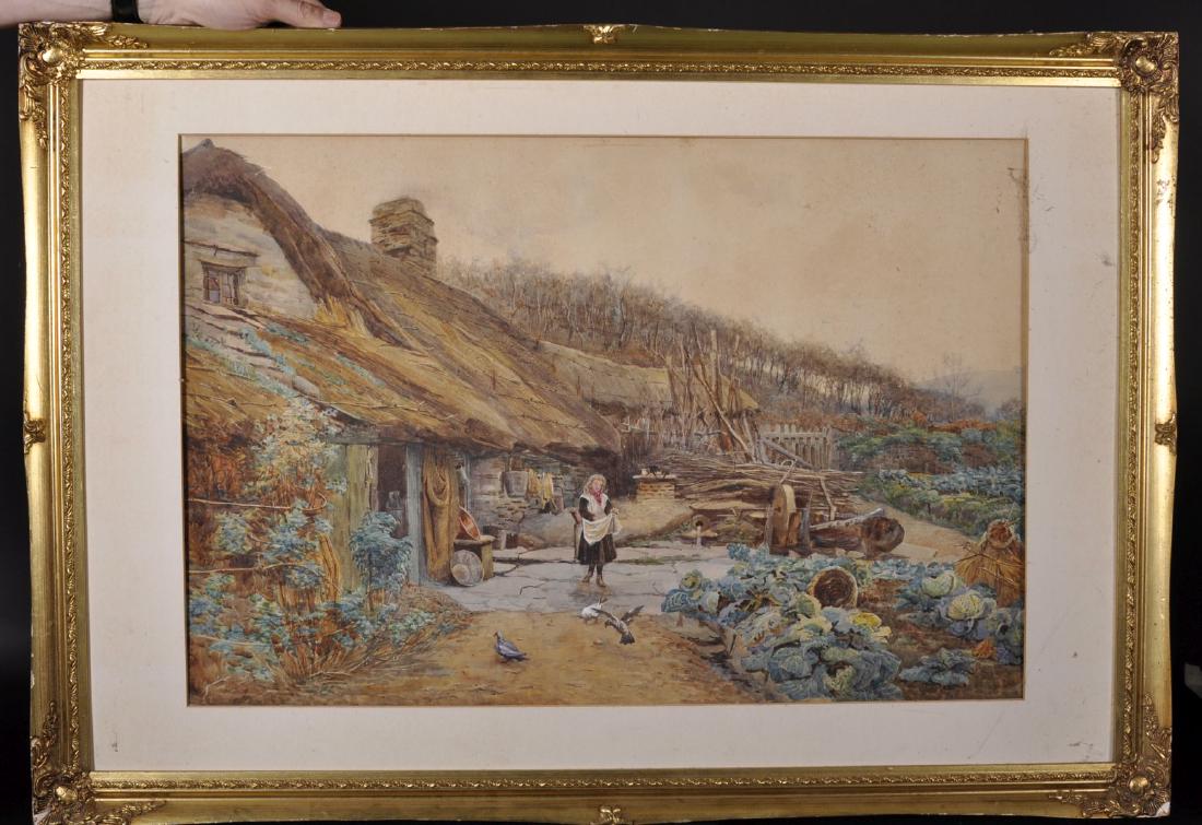 19th Century English School. A Cottage Garden with a: 19th Century English School. A Cottage Garden with a Young Girl feeding the Doves, Watercolour, 19.5" x 29".