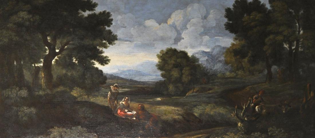 Attributed to Crescenzio Onofri (1632-1712) Italian.: Attributed to Crescenzio Onofri (1632-1712) Italian. "The Rest on the Flight into Egypt", Oil on Canvas, 24" x 56.5", and the companion piece "A Landscape with Peasants and a Drover". Provenance: Prob