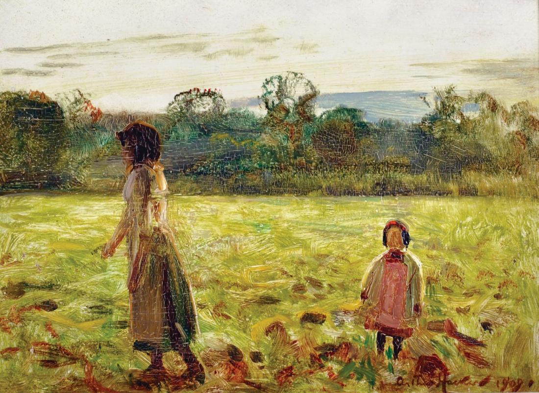 Arthur Hacker (1858-1919) British. A Mother and Child: Arthur Hacker (1858-1919) British. A Mother and Child standing in a Landscape, Oil on Panel, Signed and Dated 1909, 10.25" x 14".