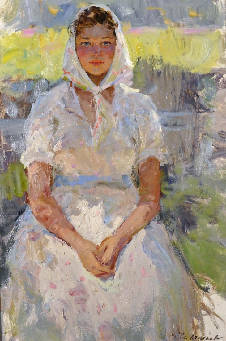 Maria Vladimirovna Savchenkova (1917-2015) Russian. " A: Maria Vladimirovna Savchenkova (1917-2015) Russian. "A Girl wearing a White Headscarf", seated in a Landscape, Oil on Board, Signed in Cyrillic, and Signed and Inscribed on reverse in Cyrillic, and Da