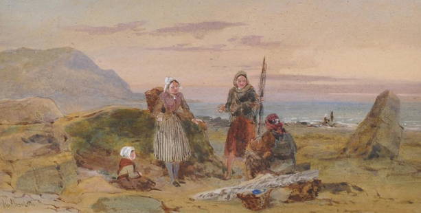 John Absolon (1815-1895) British. Fisherwomen on a: John Absolon (1815-1895) British. Fisherwomen on a Beach, Watercolour, Signed, 7" x 13.75".