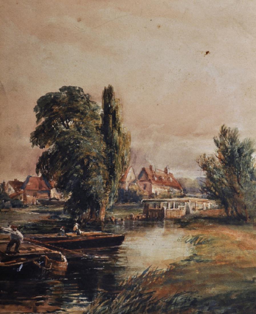 Follower of John Constable (1776-1837) British. A Barge: Follower of John Constable (1776-1837) British. A Barge Approaching a Lock, with Cottages in the distance, Watercolour, Unframed, 10.25" x 8.25".