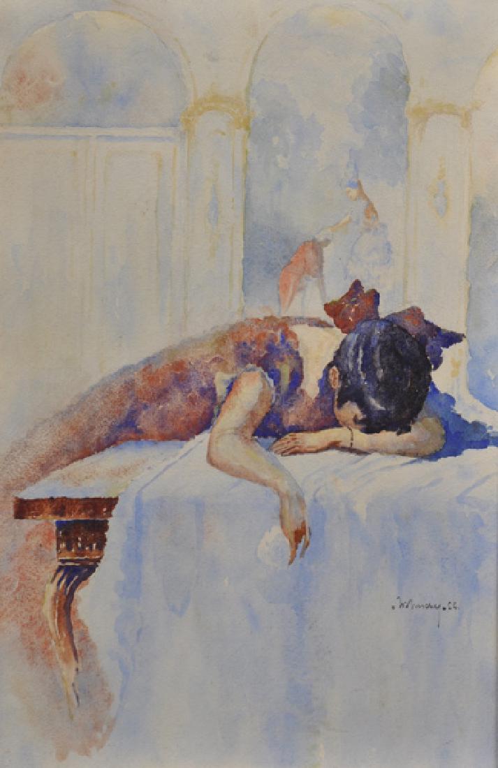 20th Century Spanish School. A Young Girl lying,: 20th Century Spanish School. A Young Girl lying, Weeping across a Table, Watercolour, Indistinctly Signed and Dated '24, 16" x 10.5".