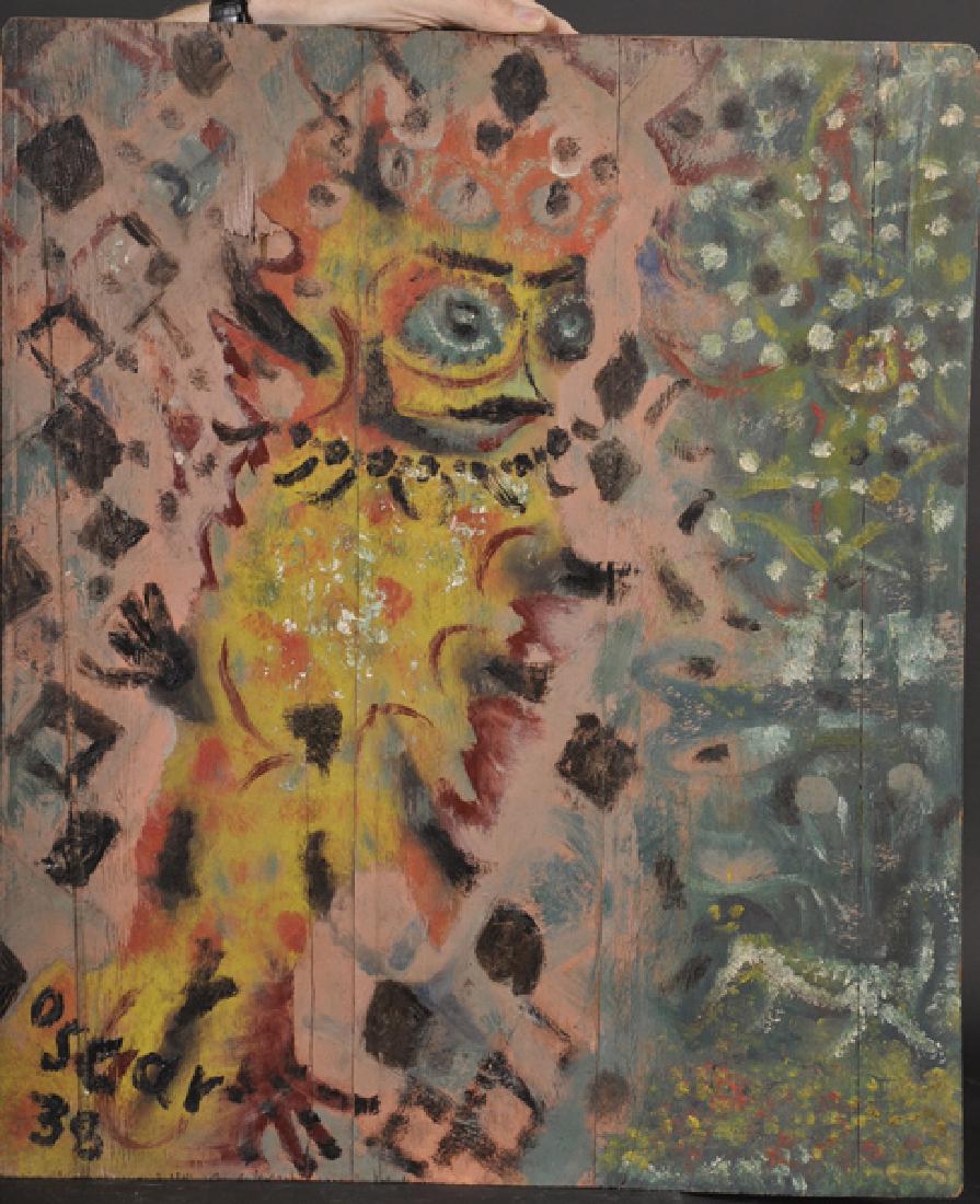 Peter Sheldon-Williams 'Oscar' (1919 ) British.: Peter Sheldon-Williams 'Oscar' (1919 ) British. "Cage Bird Conceives the Jungle", Oil on Panel, Signed and Dated '38, Unframed, 24.25" x 20.5".