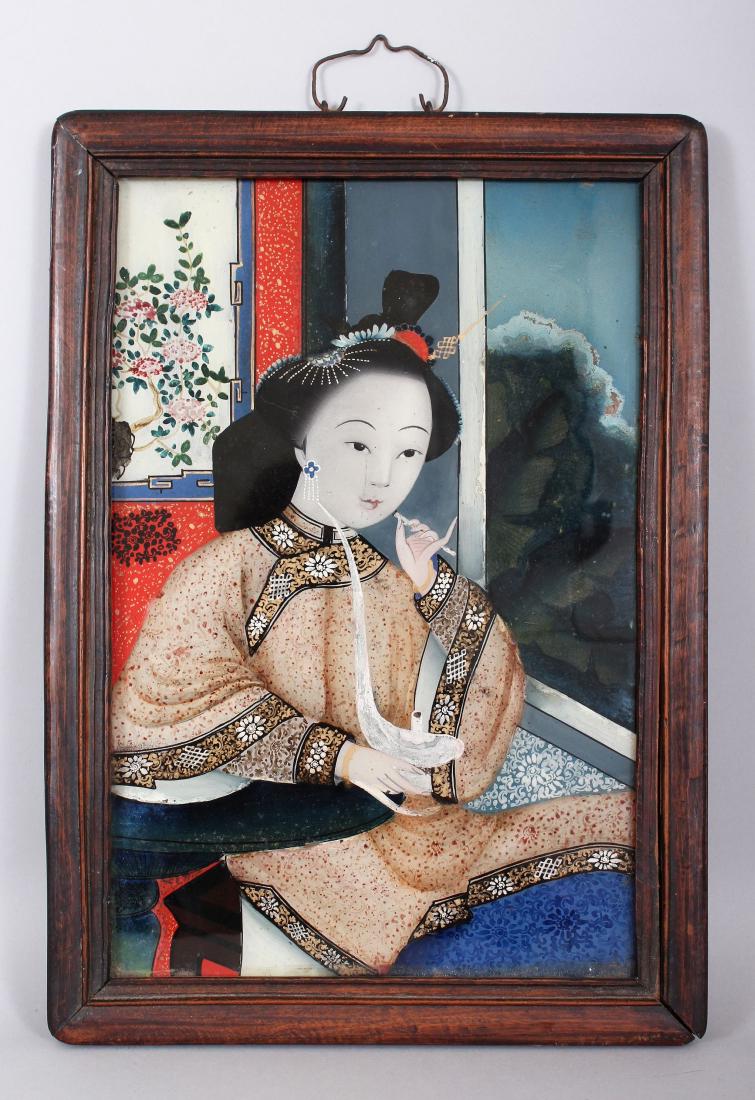 A GOOD 19TH CENTURY CHINESE WOOD FRAMED REVERSE GLASS: A GOOD 19TH CENTURY CHINESE WOOD FRAMED REVERSE GLASS PAINTING, depicting a lady reclining beside a window, one arm resting on a table, the frame 15.3in x 10.8in.