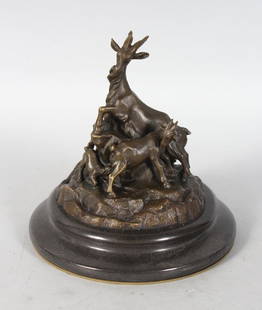 AFTER LEONARDO BISTOLFI. MOUNTAIN GOAT HERD.: AFTER LEONARDO BISTOLFI. MOUNTAIN GOAT HERD. Patinated bronze on a slate base. Signed. 6ins high.