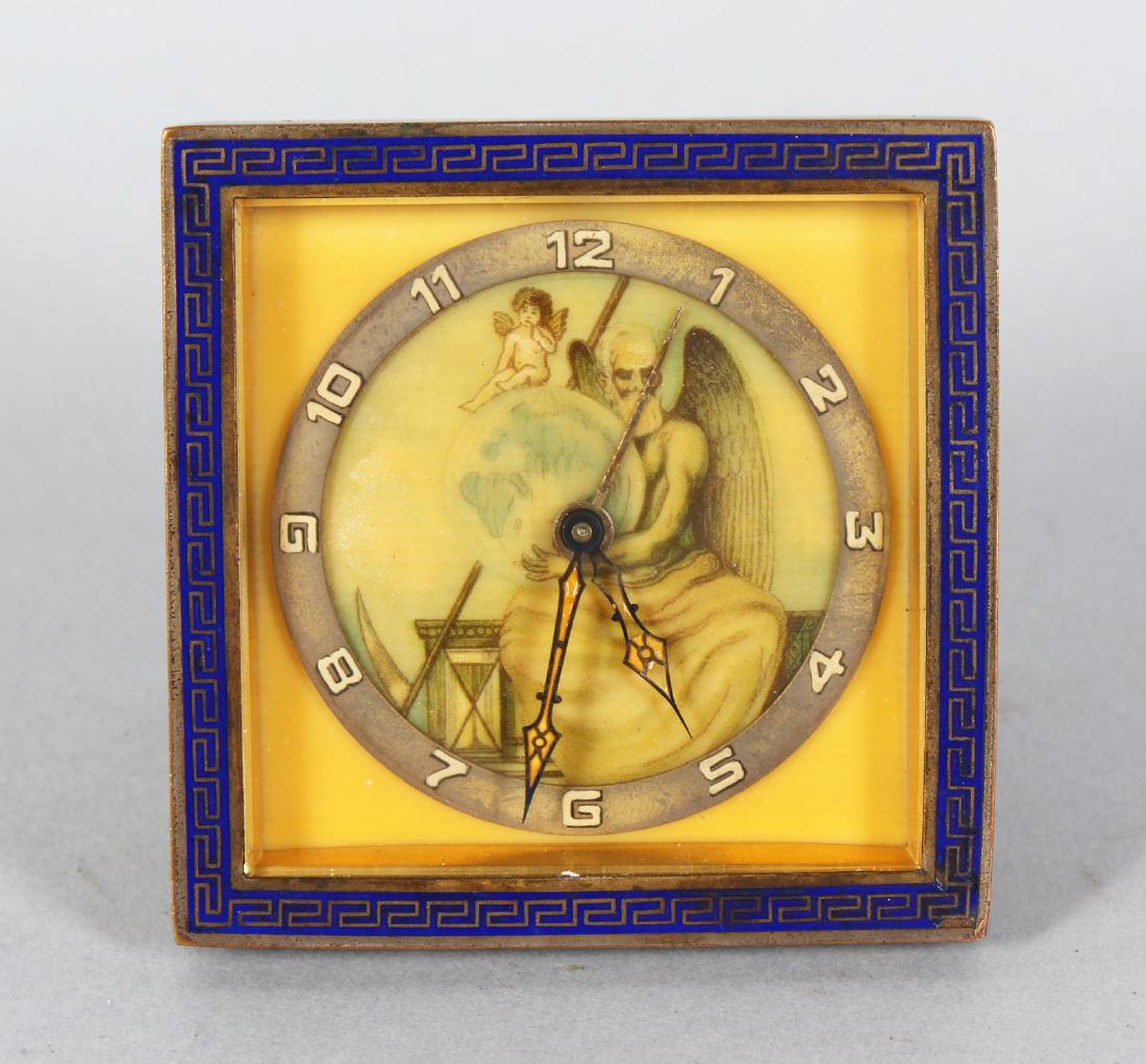 A BLUE ENAMEL DESK CLOCK with figurative dial and strut (1 of 1)