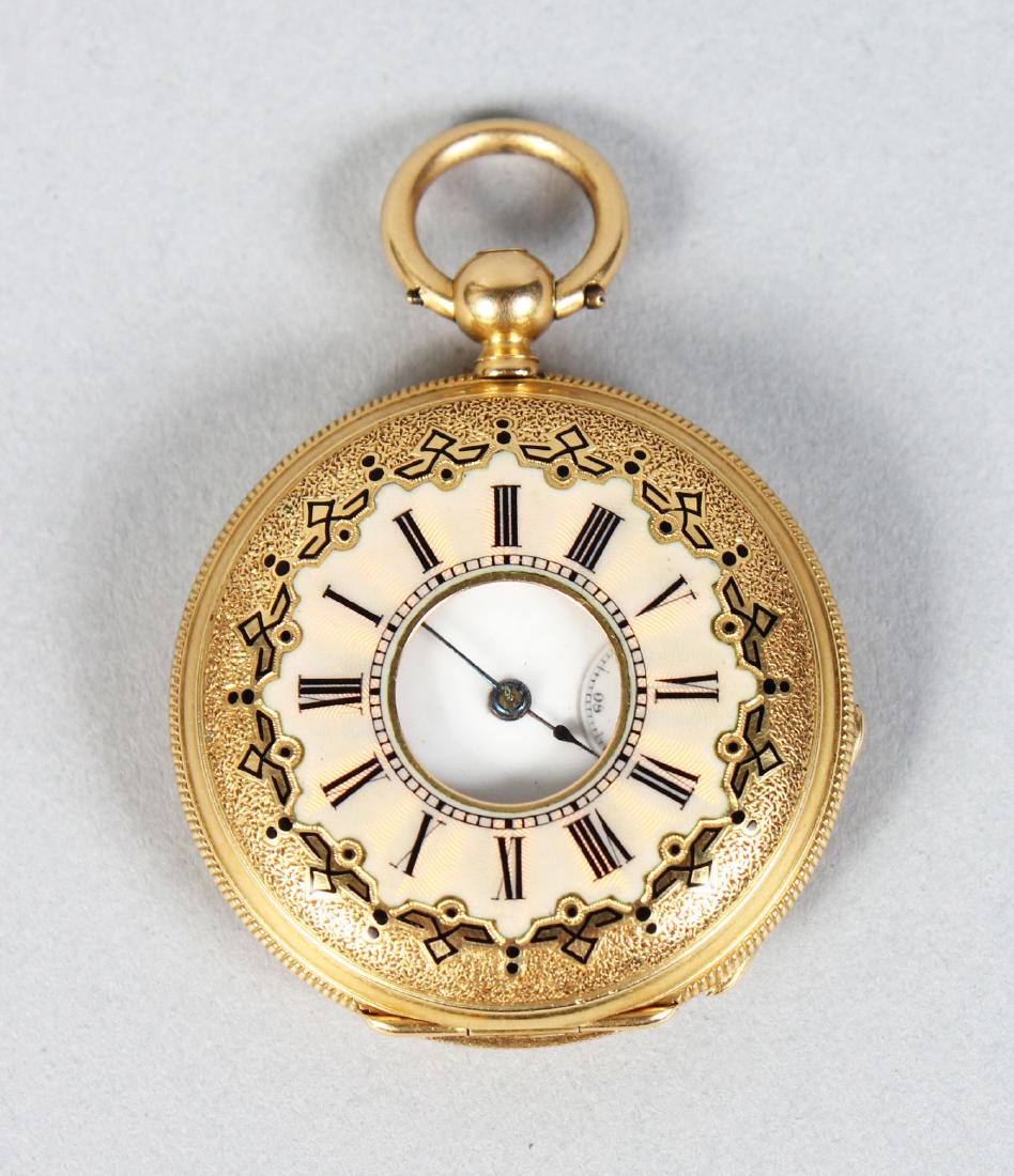 A LADIES 18CT GOLD AND ENAMEL HALF HUNTER POCKET WATCH,