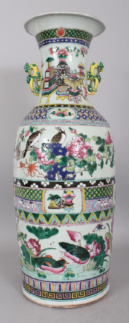 A LARGE 19TH CENTURY CHINESE FAMILLE ROSE-VERTE: A LARGE 19TH CENTURY CHINESE FAMILLE ROSE-VERTE PORCELAIN VASE, painted with bands of bird and foliate decoration within formal borders, 24.4in high.
