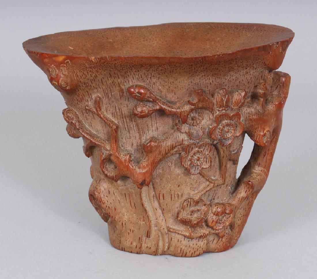 A CHINESE BAMBOO LIBATION CUP, the sides carved in high (1 of 7)