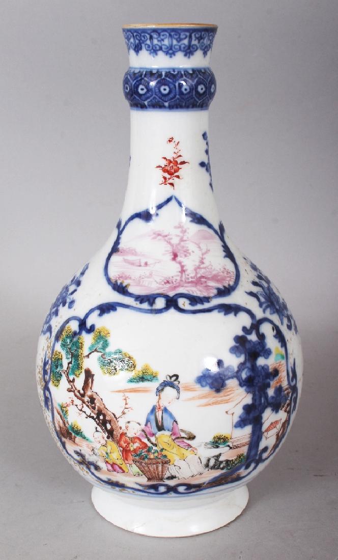ANOTHER 18TH CENTURY CHINESE FAMILLE ROSE &: ANOTHER 18TH CENTURY CHINESE FAMILLE ROSE & UNDERGLAZE-BLUE MANDARIN PORCELAIN GUGLET, painted with two panels of ladies and boys reserved on a floral spray ground, 9in high.