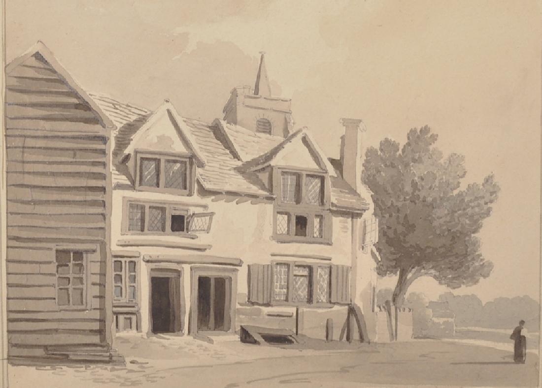Attributed to John Varley (1778-1842) British.: Attributed to John Varley (1778-1842) British. 'Chiswick', Study of a Cottage with a Figure, Watercolour, Inscribed on reverse 'Chiswick, Mrs JohnVarley', Unframed, 8.5" x 11.25".