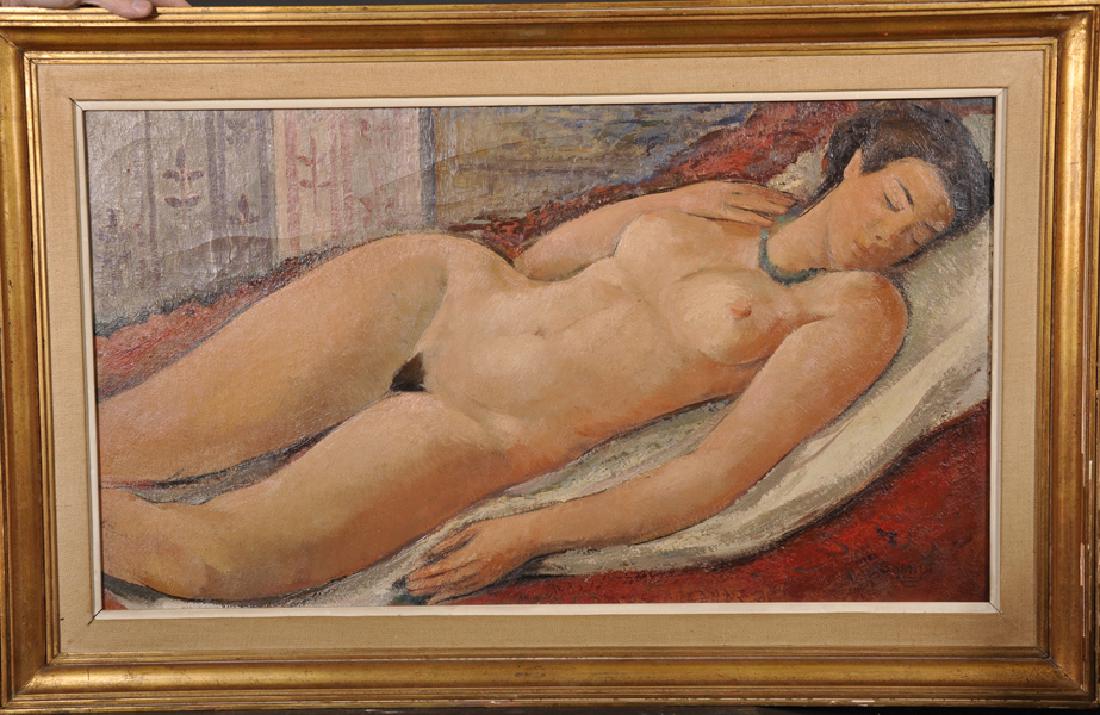 Georges Smidt (1916-1964) Belgian. A Reclining Nude: Georges Smidt (1916-1964) Belgian. A Reclining Nude asleep on a Bed, Oil on Canvas, Signed, 20" x 35.5".