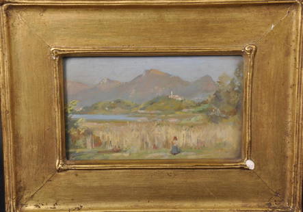 Hugh de Twenebrokes Glazebrook (1855-1937) British.: Hugh de Twenebrokes Glazebrook (1855-1937) British. "Landscape near Lugano (Bellinsona Mountains)", Oil on Panel, Inscribed on a label on the reverse, 5" x 8".