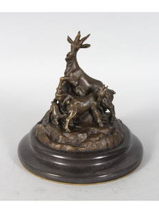 AFTER LEONARDO BISTOLFI. MOUNTAIN GOAT HERD.: AFTER LEONARDO BISTOLFI. MOUNTAIN GOAT HERD. Patinated bronze on a slate base. Signed. 6ins high.