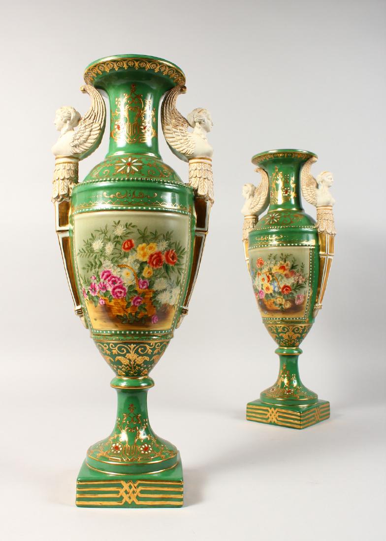 A PAIR OF SEVRES STYLE URN SHAPE TWIN-HANDLED VASES, (1 of 7)