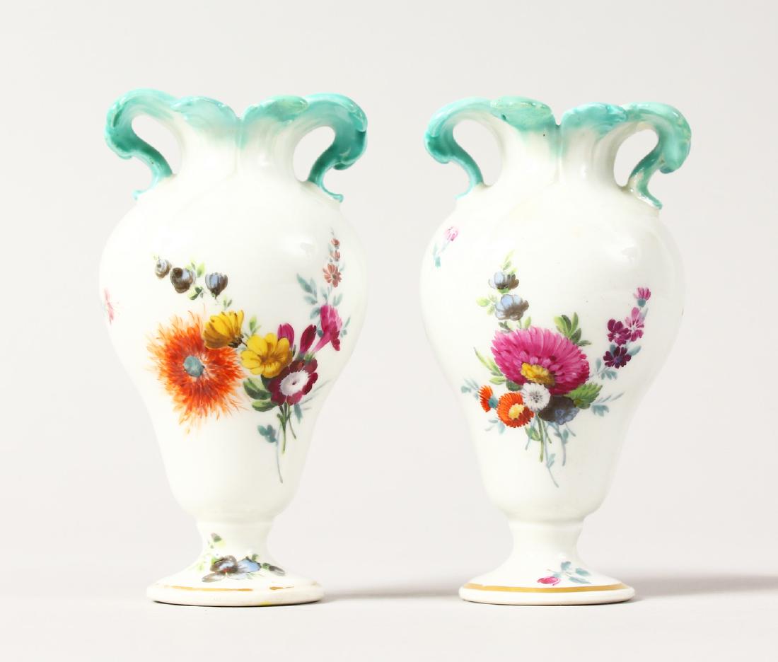 A SMALL PAIR OF MINIATURE 18TH CENTURY MEISSEN VASES, (1 of 10)
