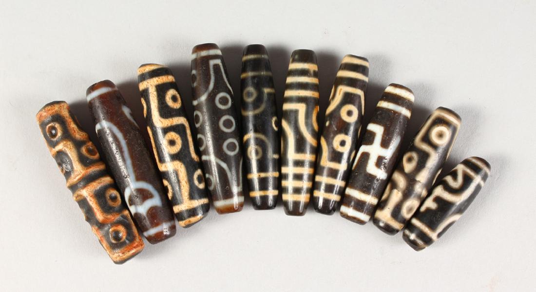 TEN AGATE TIBETAN BEADS. (1 of 2)