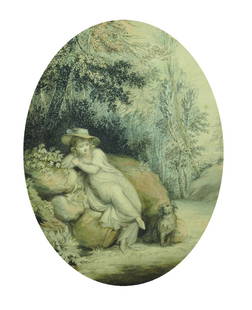Attributed to Hugh Douglas Hamilton (c.1739-1808): Attributed to Hugh Douglas Hamilton (c.1739-1808) British. 'Girl with Dog', Watercolour and Ink, Inscribed on a label on reverse, Oval, 9.75" x 7.25". Provenance: Blains Ltd, London.