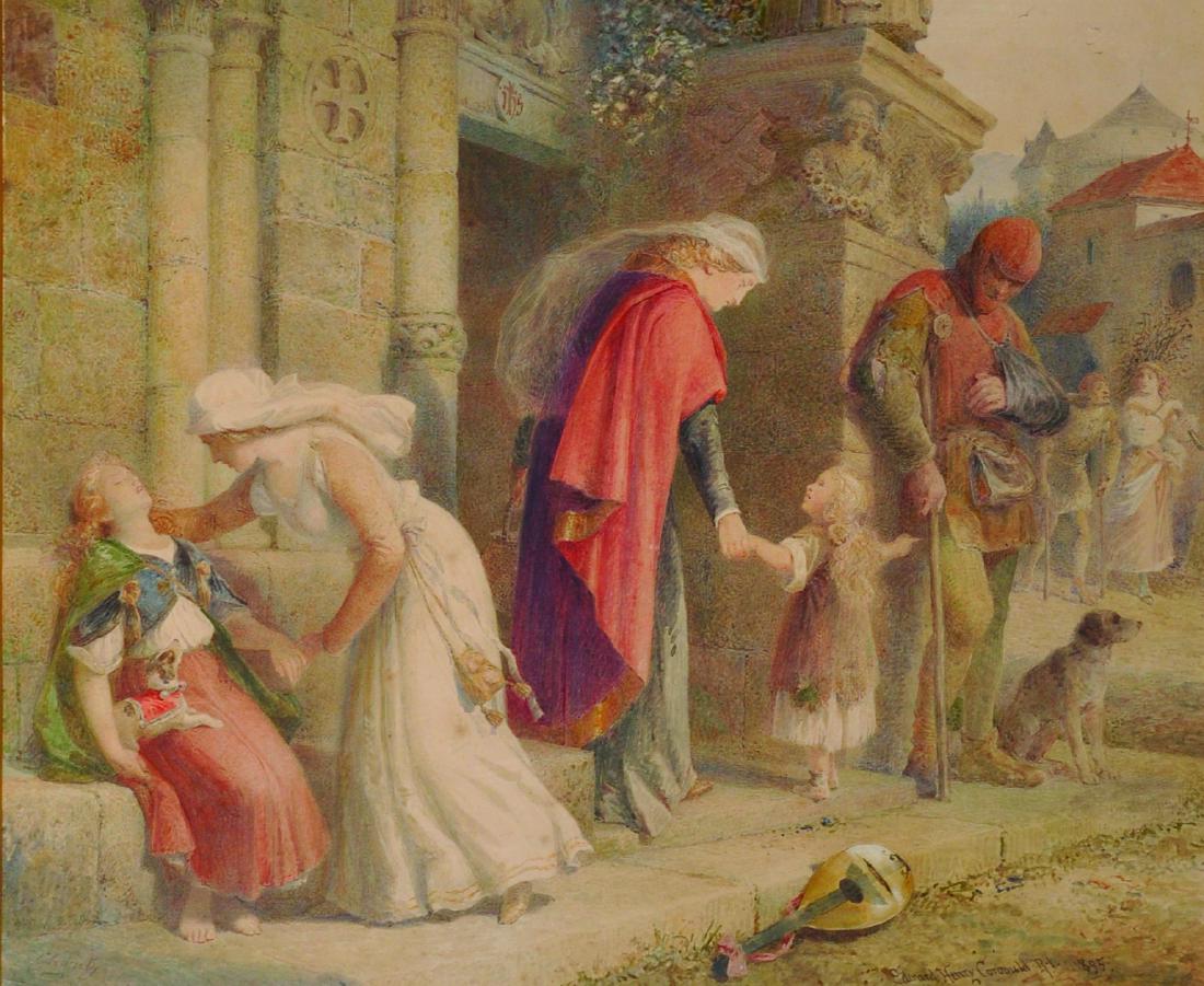 Edward Henry Corbould (1815-1905) British. "Charity",: Edward Henry Corbould (1815-1905) British. "Charity", Figures by a Church Door, Watercolour, Signed, Inscribed and Dated 1895, 17.75" x 21".