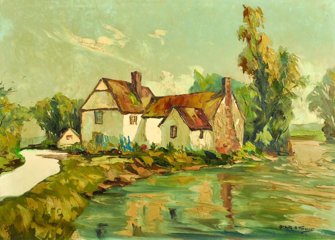 Arthur H Twells (1921-1996) Irish. "Willy Lott's House,: Arthur H Twells (1921-1996) Irish. "Willy Lott's House, Flatford", after John Constable (1776-1837) British Oil on Board, Signed, Unframed, 20" x 28".