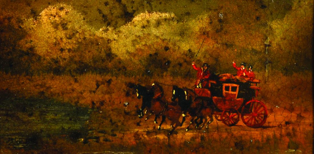 Circle of Philip Henry Rideout (1860-1920) British. A: Circle of Philip Henry Rideout (1860-1920) British. A Coaching Scene, Oil on Panel, Indistinctly Signed, 3.75" x 7".