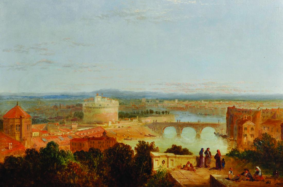 Circle of Edward Lear (1812-1888) British. 'Castel: Circle of Edward Lear (1812-1888) British. 'Castel Sant' Angelo, on the Tiber, Rome', with Figures in the foreground, Oil on Canvas, 16" x 24".
