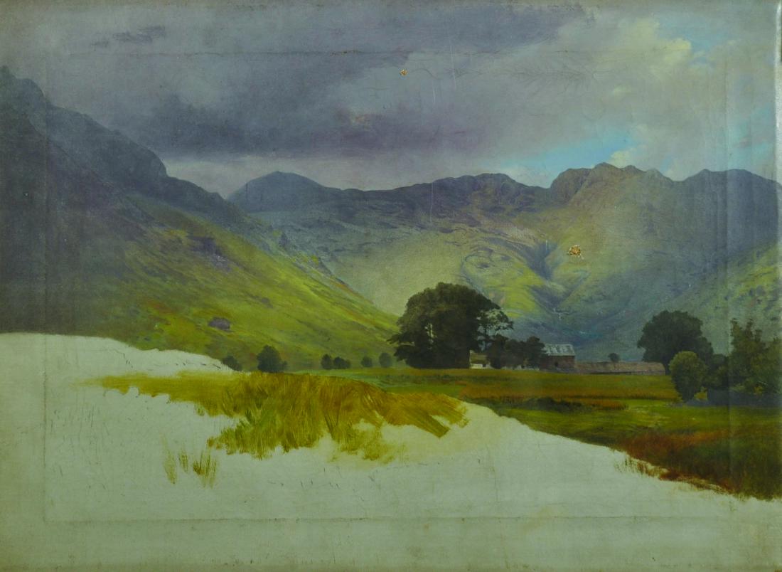 Circle of John Atkinson Grimshaw (1836-1893) British. A: Circle of John Atkinson Grimshaw (1836-1893) British. A Sketch of a Mountainous Landscape, Oil on Canvas, 14" x 19".