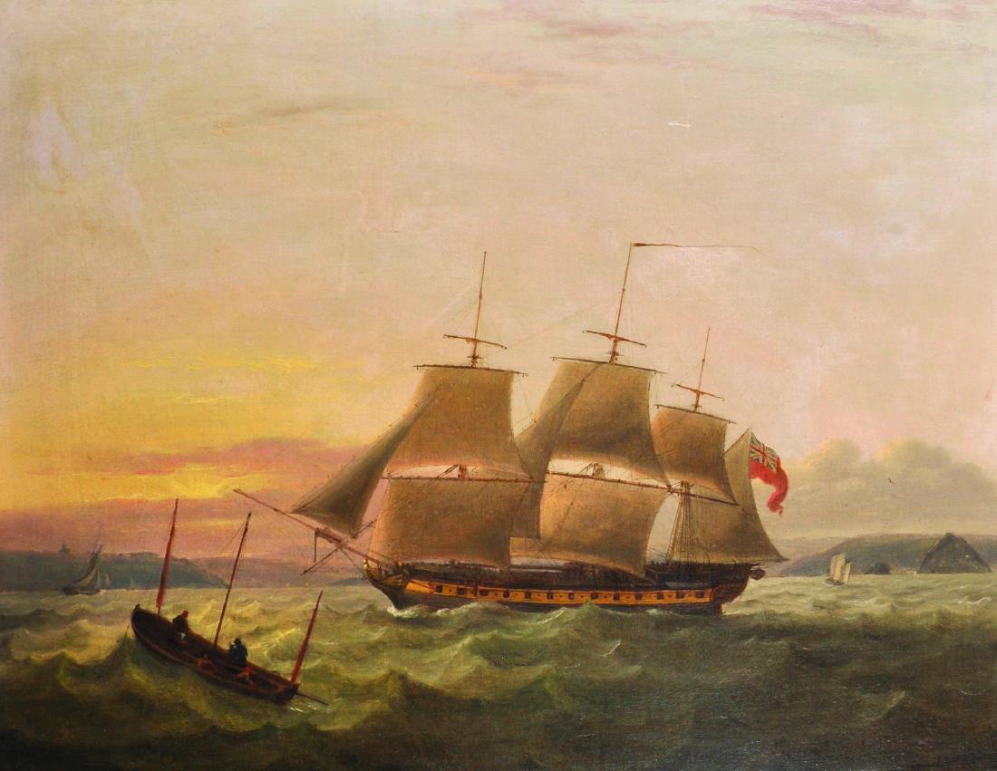 Thomas Luny (1759-1837) British. A Three Master in Full: Thomas Luny (1759-1837) British. A Three Master in Full Sail, Oil on Canvas, Signed on a Piece of Driftwood, 20.25" x 27.25".