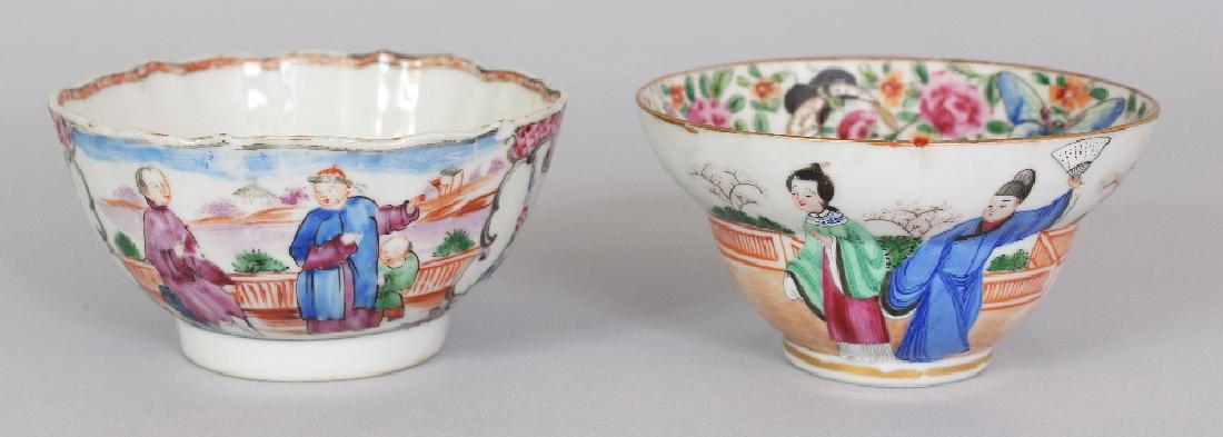 A SMALL 18TH CENTURY CHINESE QIANLONG PERIOD FAMILLE: A SMALL 18TH CENTURY CHINESE QIANLONG PERIOD FAMILLE ROSE MANDARIN PORCELAIN BOWL, 4.25in diameter & 2.2in high; together with a small 19th Century Chinese Canton Mandarin porcelain bowl, 4.2in diamet