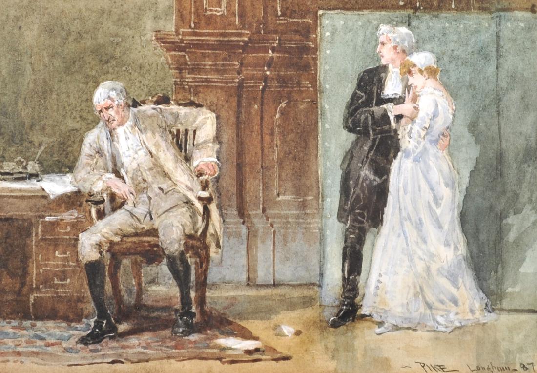William Henry Pike (1846-1908) British. "A Fair: William Henry Pike (1846-1908) British. "A Fair Choice", A Couple Approaching a Gentleman Seated at a Desk, Watercolour, Signed and Dated '87 and Inscribed 'Longham', 5.5" x 8.25".